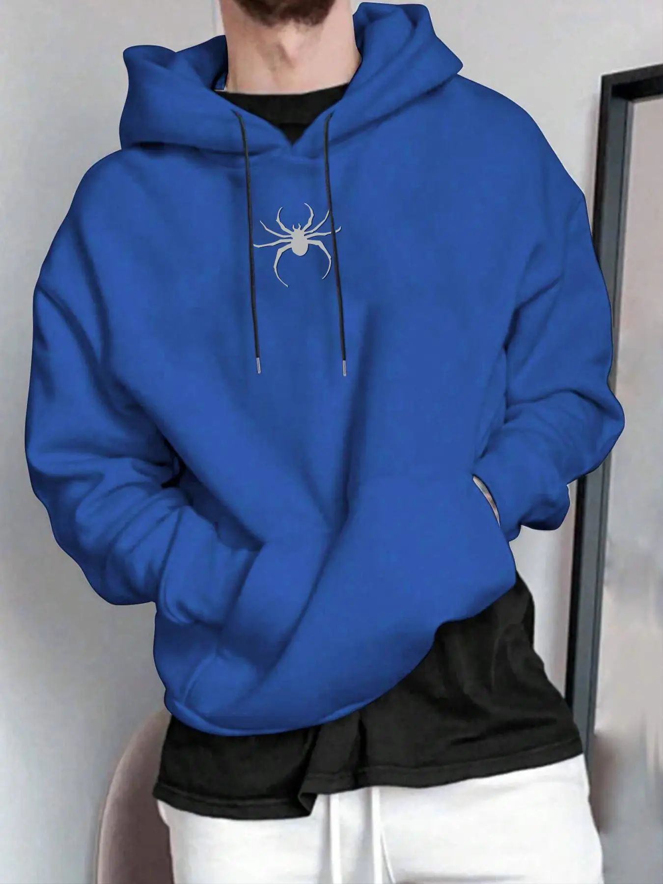 Unisex Unisex Men's Spider Print Drawstring Pocket Hoodie, Loose Streetwear Long Sleeve Pullover Tops, Rap Hoodie, Plz Take A Size Down, Menswear, Gra