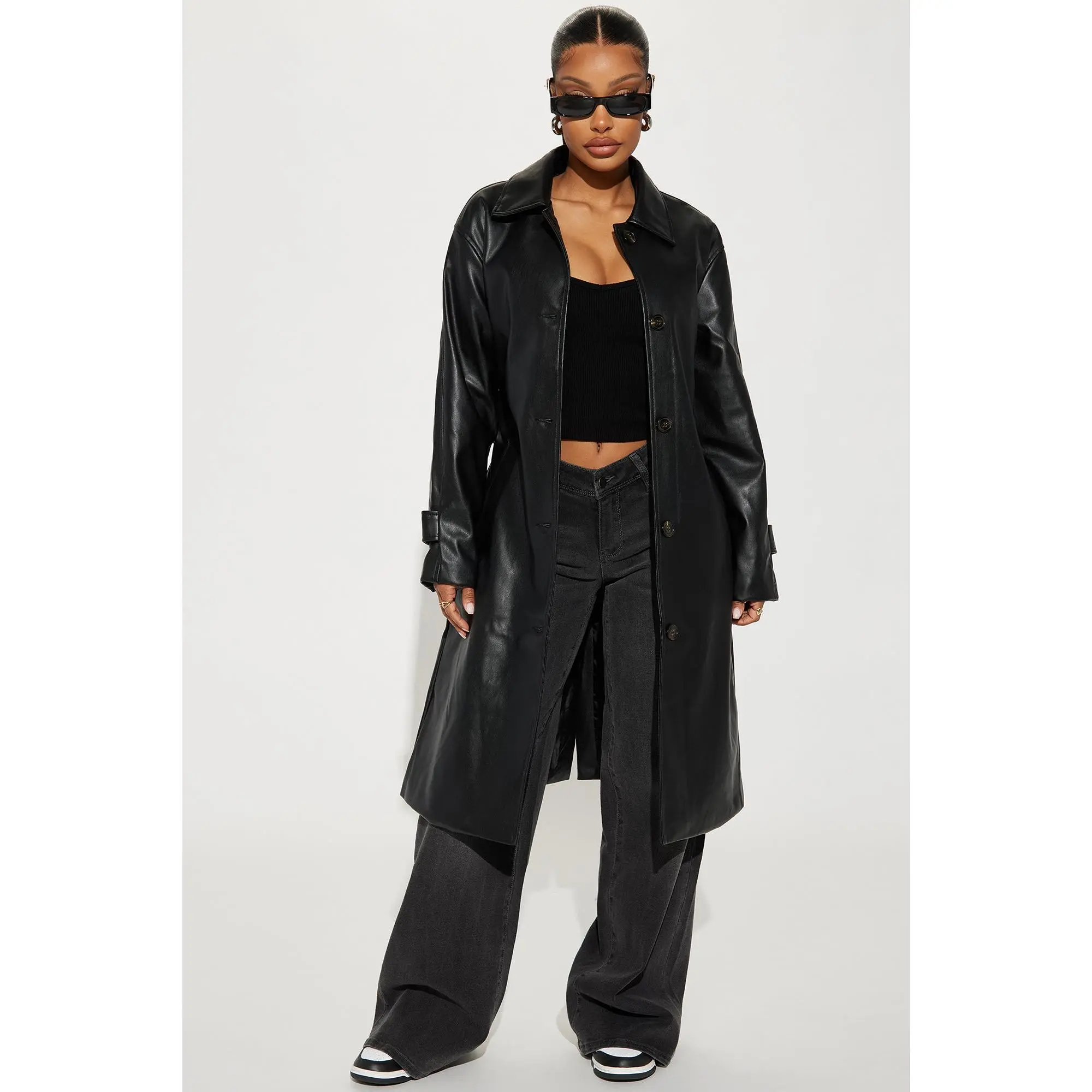 Bree Faux Leather Trench Coat - Black