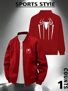 Men's Casual Stand Collar Jacket with Spider Pattern, Business Style Outdoor Sports Coat, Zipper Design, All Seasons Wear