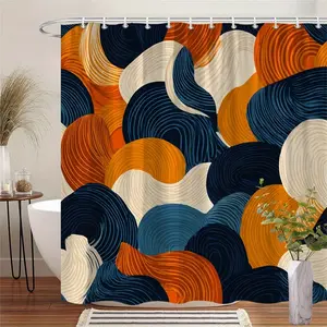 1pc Abstract Wave Pattern Shower Curtain - Navy Orange & Cream Swirling Design, Bold Contrast, Machine Washable Polyester, 70.86x70.86 Inches, 12 Hooks for Modern Bathroom Decor, Shower Curtain for Bathrooms, Contemporary Style, Easycare Fabric