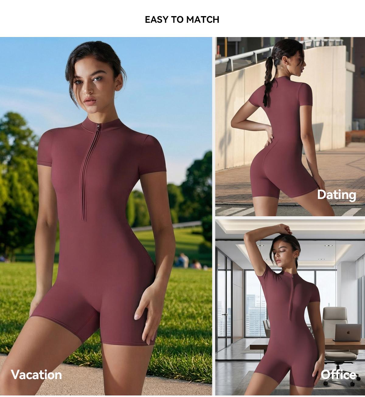 Women's Tight Zipper Short-Sleeved Shorts Yoga Jumpsuit, Soft Stretch Moisture-Wicking Quick-Drying Breathable Activewear Clothing, Athletic Training Apparel for Yoga Pilates, Gym Clothes Women