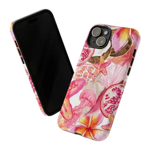 Cute Pink Hibiscus & Seashell Phone Case, Tropical Floral Phone Cover for iPhone/Samsung/Pixel, Aesthetic Watercolor Flower Cute Gift Beachy Accessory Compatible with Samsung Galaxy S25
