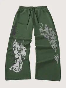 Alternative Street Style Loose Sweatpants, Gothic Angel & Dark Handwriting Print, Soft Wide Leg Pants, Y2K Punk Casual Homewear