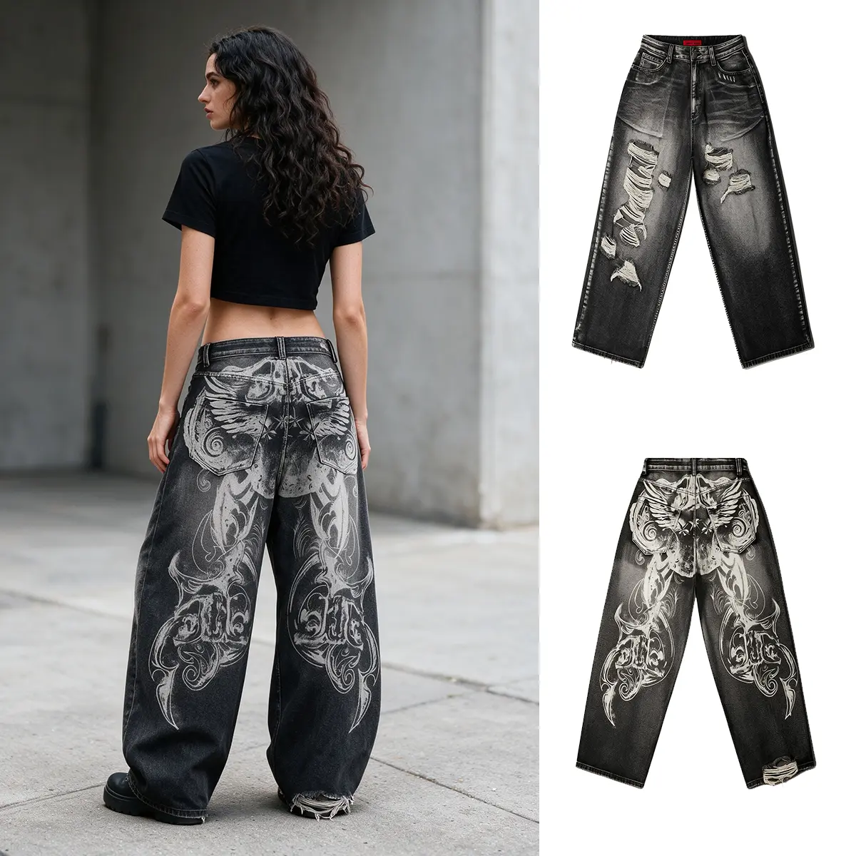 Women's Vintage Black Gray Washed Baggy Wide Leg Jeans, Two Styles: Gothic Wings Tribal Print & Distressed Ripped, Y2K Grunge Streetwear High-Waisted Loose Denim Pants Alt Dark Aesthetic Trousers for Teen Girls