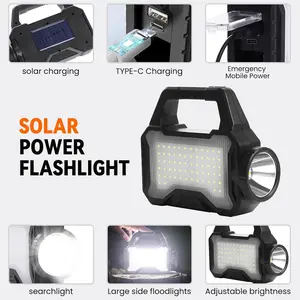 This USB rechargeable solar-powered portable flashlight, a handheld spotlight with a side light, is suitable for outdoor camping, mountaineering, night patrols, and other work needs. It's an excellent gift for outdoor enthusiasts. Adjustable Flashlight