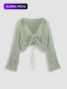 【Plus Size】 Hollow Out Drawstring Sheer Cardigan, Casual Flounce Sleeve V Neck Knitwear Top for Spring & Fall, Women's Plus Clothing for Daily Wear