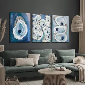3 Piece Set 2D Flat Canvas Print Decorative Art, Beach Villa Cottage Decoration, Vintage Abstract Oyster Shell Watercolor Wall Art