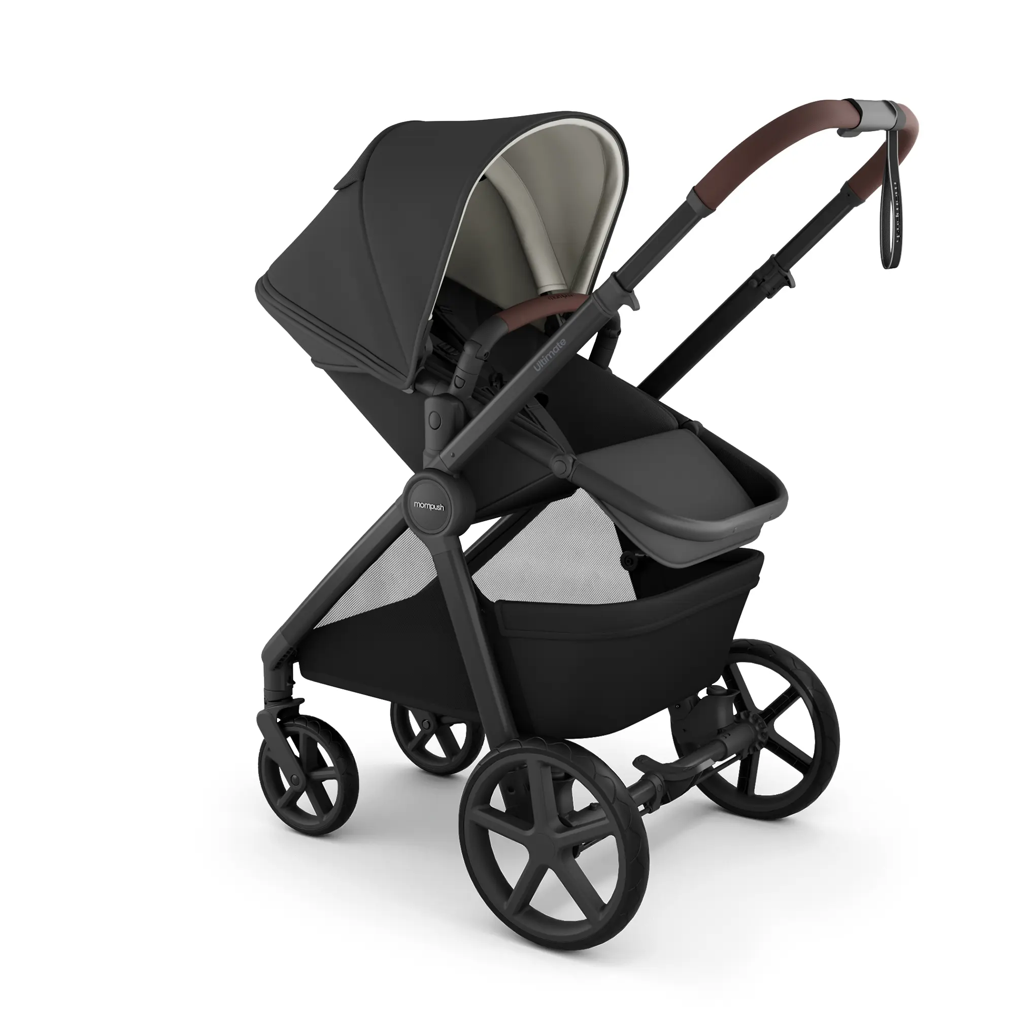 Mompush Ultimate 3 Full Size Stroller, Extendable Seat, Infant to Toddler | Reversible, extendable seat, large all-terrain wheels, full suspension, one-second fold, magnetic harness, UPF50+ canopy