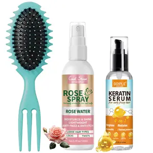 Keratin Hair Serum and Rosewater Spray for Anti-Frizz and Smooth Hair - Curl Defining Brush for Curly Haircare Daily Comfort  Blend