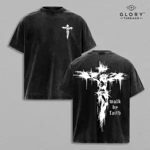 Walk by Faith Cross Double Printed Vintage Washed Tee, Unisex Oversized Heavyweight Cotton T-shirt for Christian Streetwear Grunge Aesthetic Bible Verse Church Outfit Gym Pump Cover