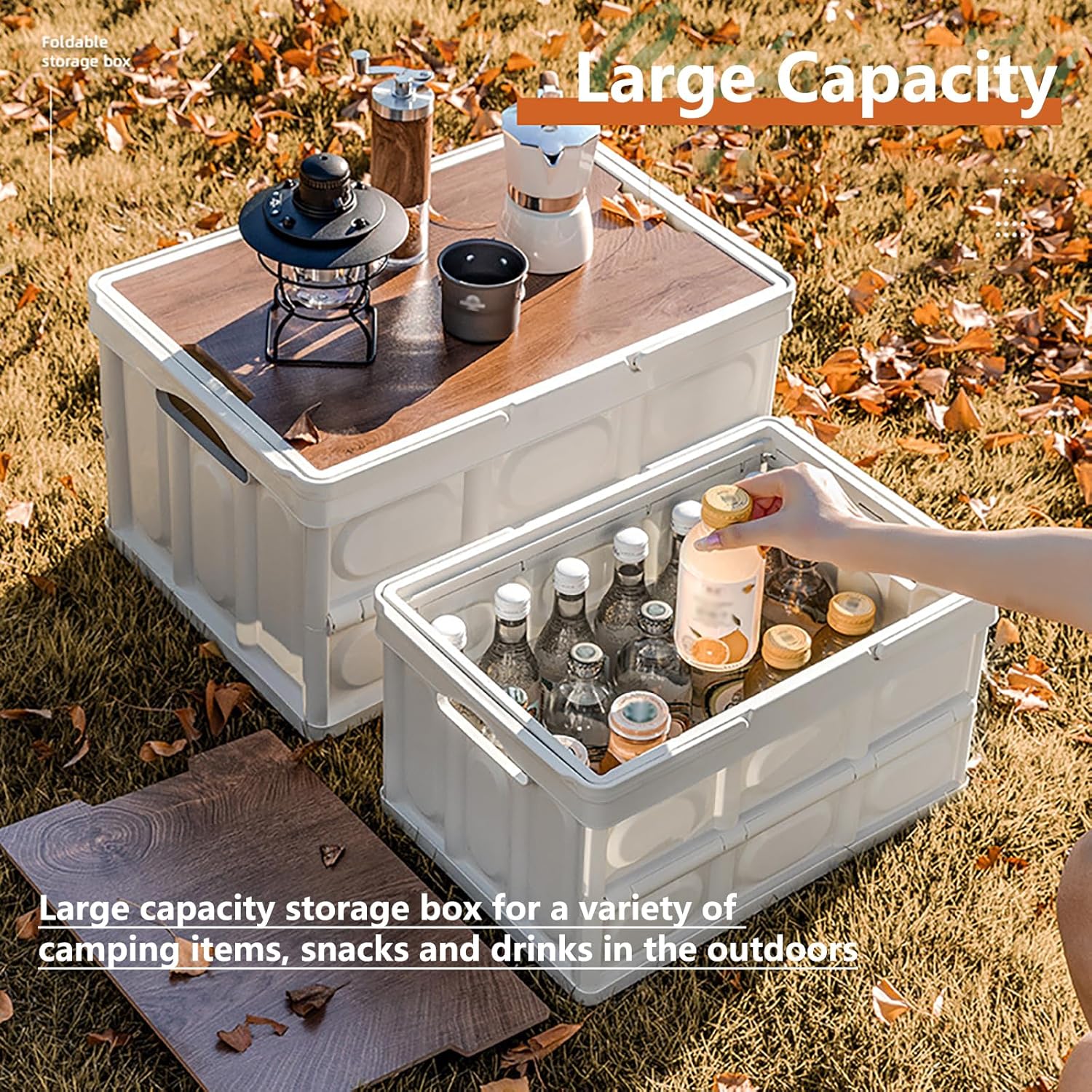 Collapsible Storage Bin with Handles and Wooden Lid, Large Capacity Stackable Utility Crates Holds 33lbs for Outdoor Home Storage Organizing Moving (30L/7.9Gal)