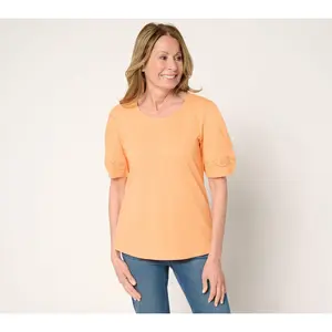Denim & Co. 100% Cotton Embroidered Puff Sleeve Scoop Neck Top