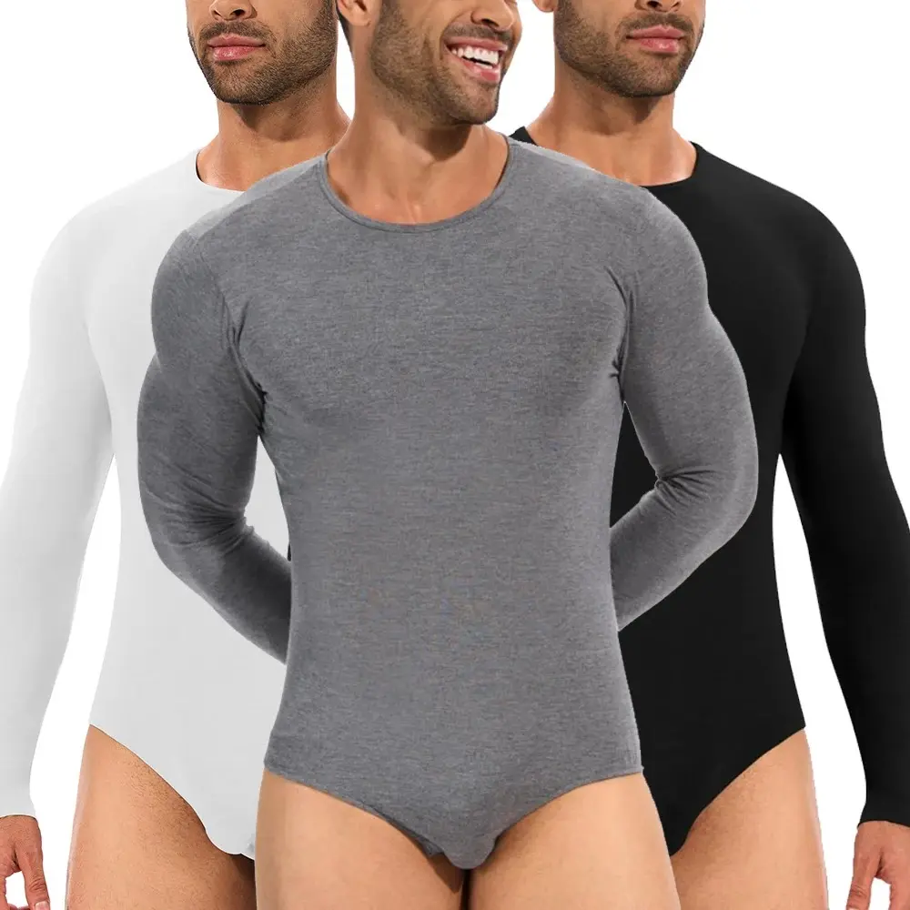 Men's Crew Neck Long Sleeve Full Body Shaper Bodysuit - Breathable, Comfortable, Lightweight, Stretchy Spandex-Viscose Shapewear with Tummy Control, Classic Black/White/Deep Gray Menswear Underwear Outfits