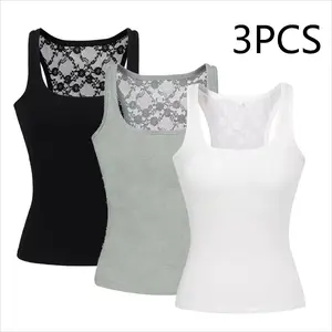 Women's 3-Pack Solid Lace Back Tank Tops | Summer Sexy Sleeveless Basic Cami Tops | Versatile Casual Layering Camisoles