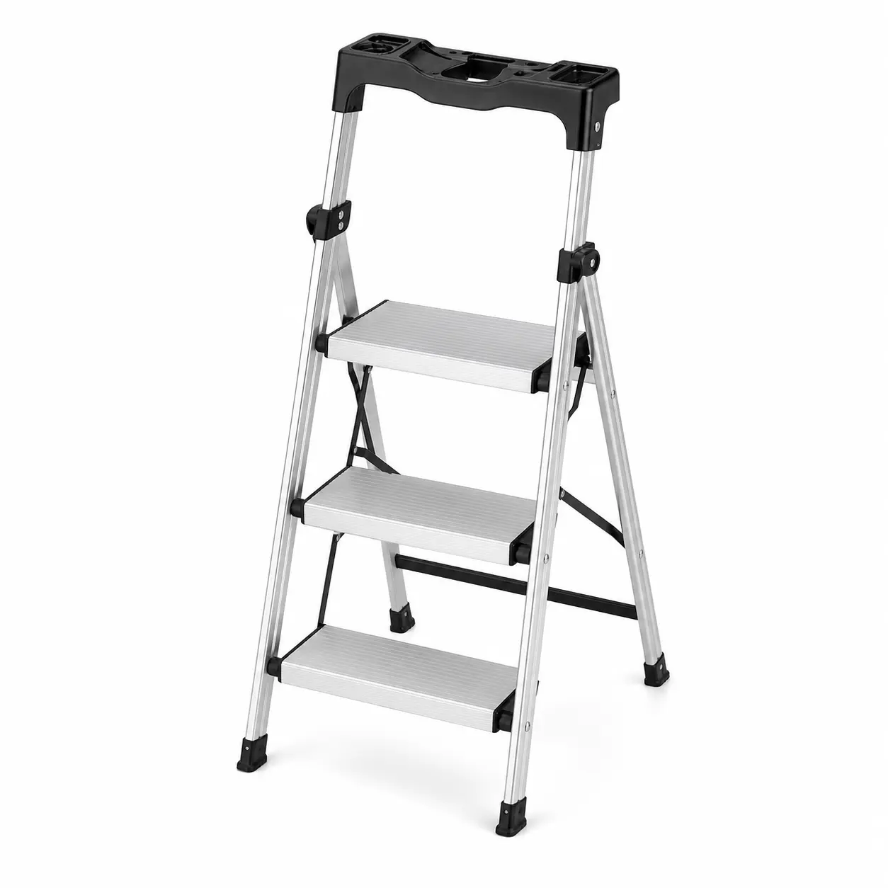 3 Step Ladder, Folding Step Stool With Wide Anti-Slip Pedal And Comfort Handgrip, 330 Lbs Capacity Portable Aluminum Stepladder, Multi-Use For Kitchen, Warehouse, Household And Office, Silver