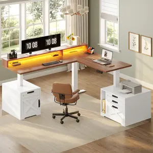SEDETA Farmhouse L Shaped Standing Desk, 71" x 73" Height Adjustable Home Office Executive Desk with Drawers, Power Outlet, Monitor Stand, Sit Stand Table with Led Lights for Home Office