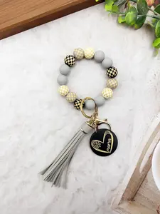 Elegant Checkerboard Mama Wristlet Keychain, Wooden Beaded Key Bracelet, Heart Engraved Mother's Day Gift, Premium Tassel Purse Charm for Women