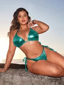 Plus Size Metallic Halter Bikini Set, Spliced Design, Summer Beach Swimwear for Women