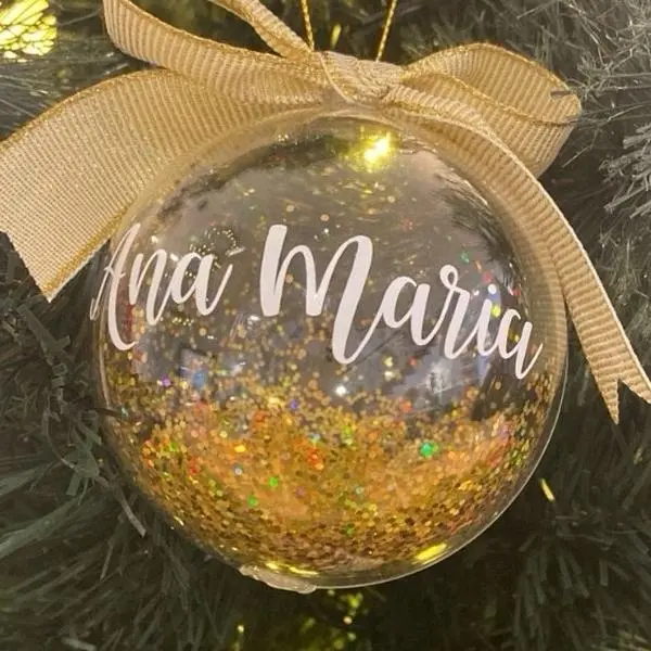 Set of 6 Shiny Christmas Baubles with Gold Filling, Personalized with a Name or Word for Tree Decoration or Gift (Includes Customizable Gift Box)