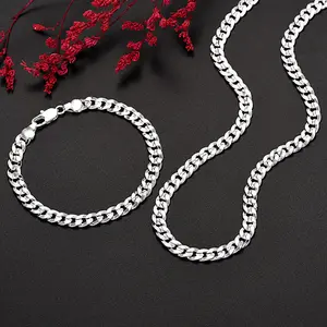 Charm Chain Bracelets & Necklaces Jewelry Set for Men Women Silver plated Flat Cuban Curb Chain Fashion Party Wedding Gifts Versatile Stylish Perfect for Birthdays Christmas Thanksgiving