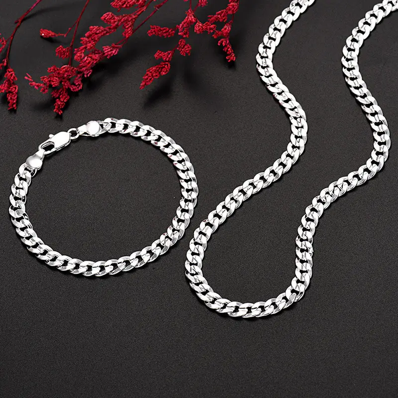 Unisex Silver-Plated Charm Chain Jewelry Set - Chain Link, Flat Cubans, Bracelets & Necklaces, Party Gift for Birthday, Wedding, Versatile Fashion Costume Accessory, Cuban Chain Jewelry Sets