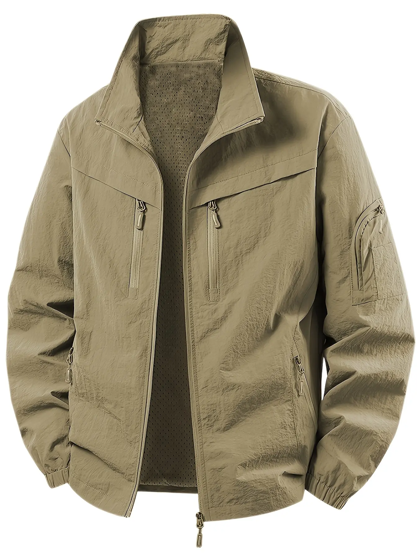 Men’s Lightweight Casual Cargo Jacket - Longsleeves Stand Collar Windbreaker Tops, Mesh Lining, Elastic Cuffs, Multiple Zippered Pockets, Arm Pocket, Suitable for Work, Commuting