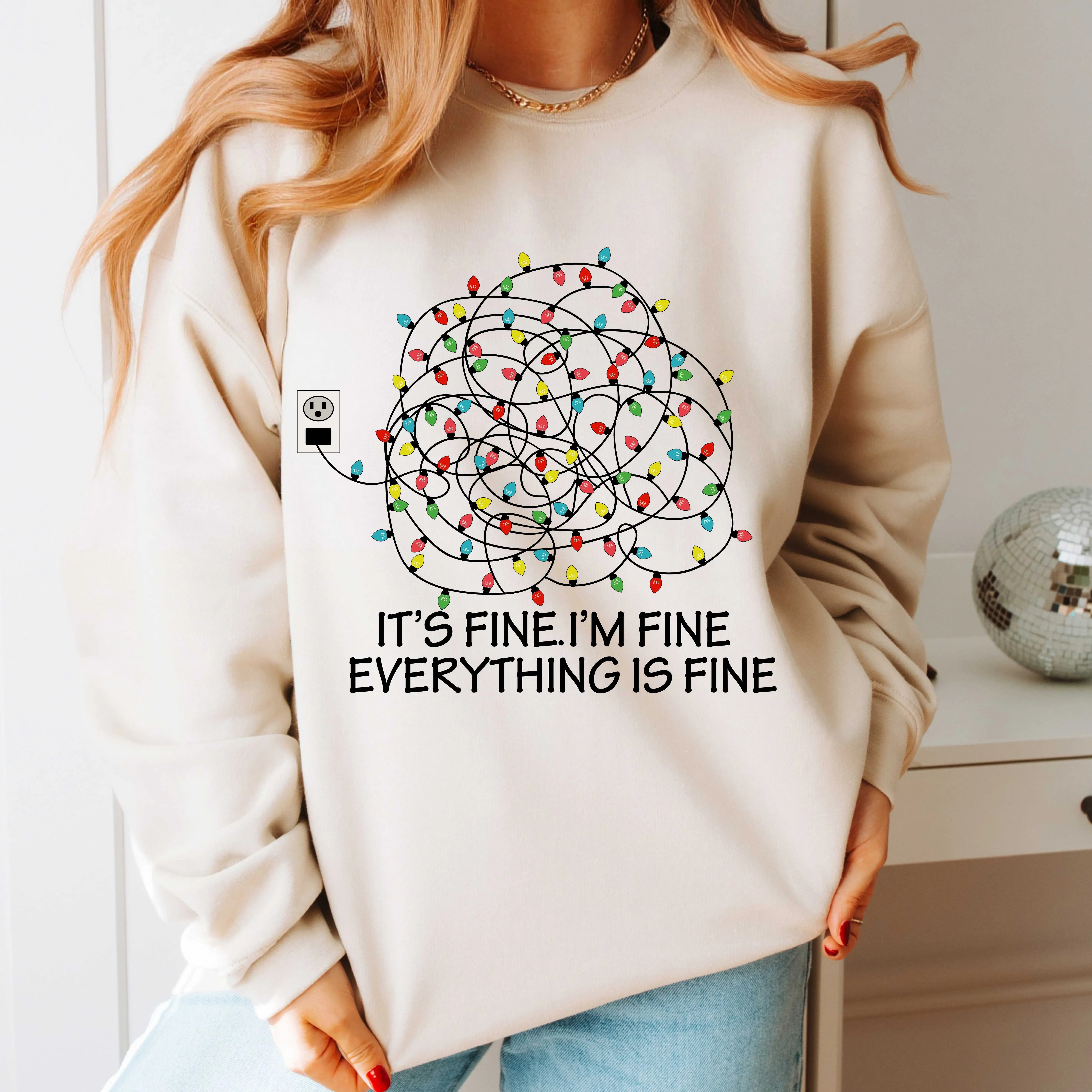Its Fine Im Fine Tangled Christmas Lights Sweatshirt, Funny Christmas Sweater, Tis the season, Christmas Spirit, Womens Christmas Crewneck