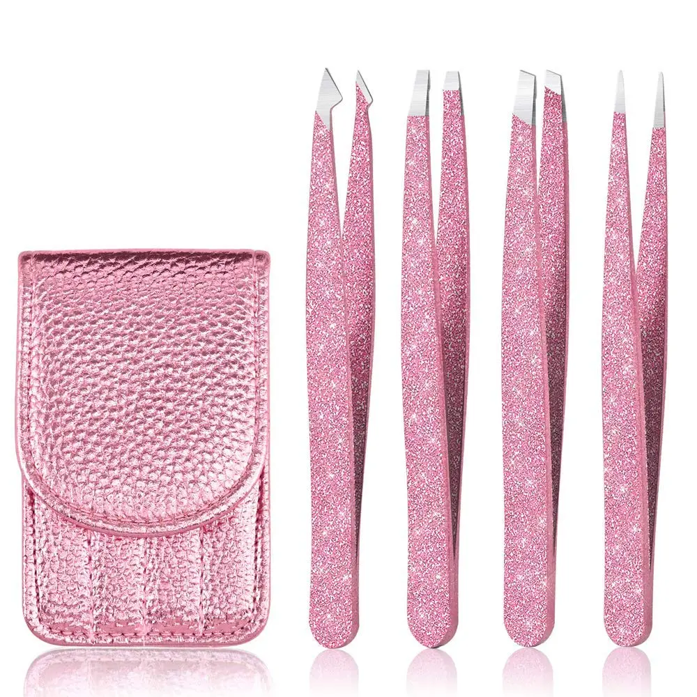 Eyebrow Tweezer Set, 4 Pcs Professional Stainless Steel Tweezers for Women, Precision Tweezer for Facial Hair, Splinter and Ingrown Hair Removal(Bright silver)