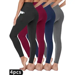 4PCS Compression Leggings for Women with Pockets, Tummy Control High Waisted Shapewear Pants for,Fashion,Thermal Leggings - Assorted Colors And Sizes