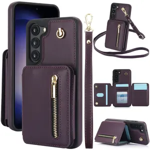 Leather Case for Samsung Galaxy S25 S24 Ultra S23 S22 S21 Wallet Case with Crossbody Strap & Credit ID Card Holder Case FRID Blocking Protection Lanyard Zipper Cover for Women