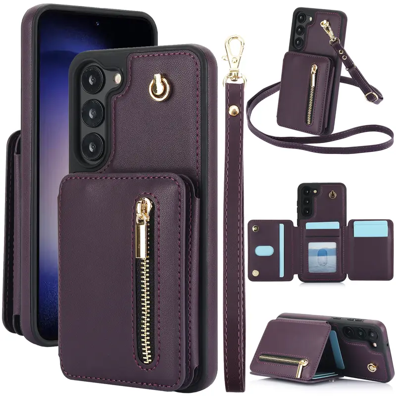 Leather Case for Samsung Galaxy S26 S25 S24 Ultra S23 S22 S21 Wallet Case with Crossbody Strap & Credit ID Card Holder Case FRID Blocking Protection Lanyard Zipper Cover for Women