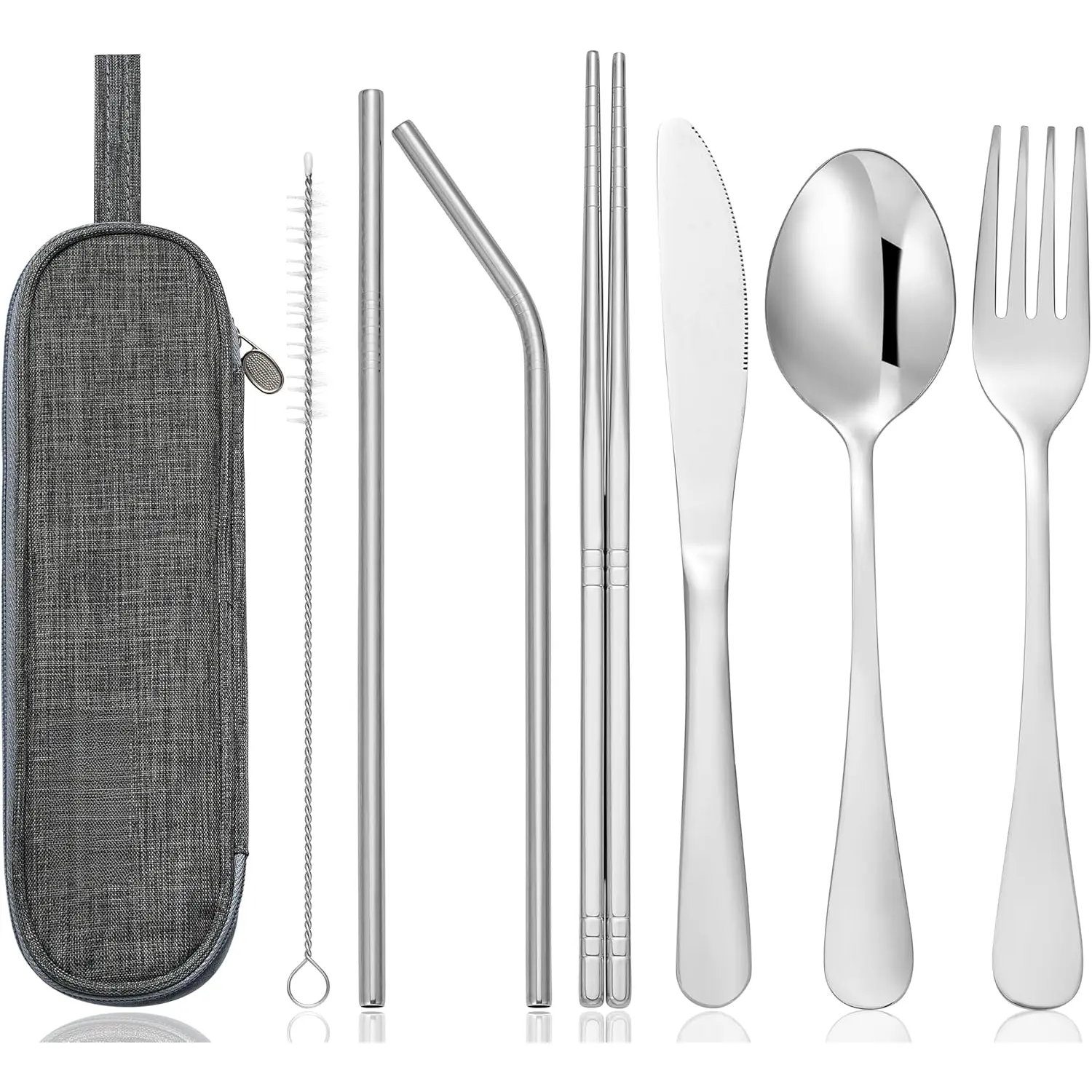 Travel Stainless Steel Utensils Set with Case - 8-  Flatware Kit Includes Fork, , Spoon, Chopsticks, Straws, Brush & Bag - Portable Cutlery for Camping, Work, Picnic ()