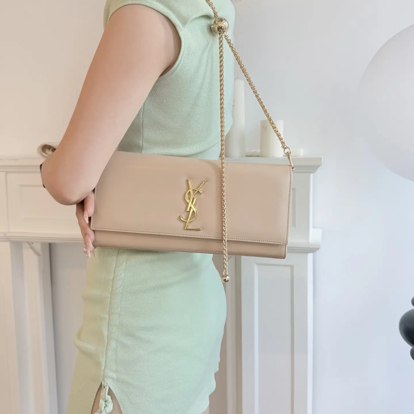 Pre-owned Yves Saint Laurent Smooth Calfskin Kate long flap shoulder crossbody bag+Beige+Luxury Bag | 16127