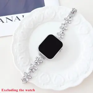 Flower Design Watch Band & Earrings, Rhinestone Decor Watch Band & Earrings, Fashionable Wearable Accessories Compatible with Apple Watch Series, Smart Watch Straps