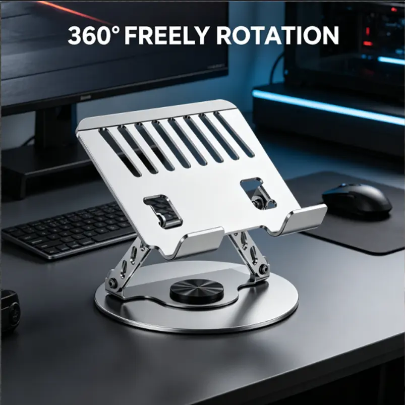 2Pcs 360° Rotating Laptop Stand, Adjustable Foldable Aluminum Hub Laptop Holder, 2-in-1 Multifunctional Elevating Bracket with Lock Edge Desk Mat for Gaming & Mobile, Gray