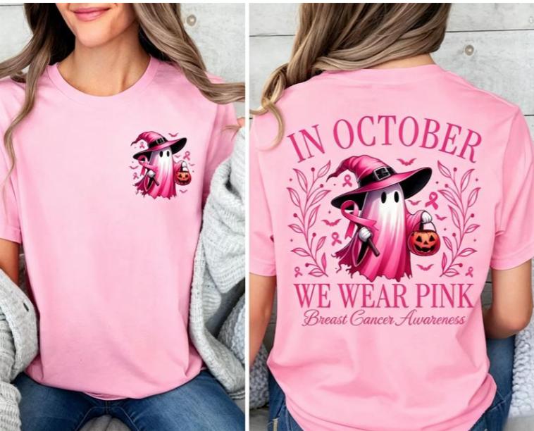 Women's Cotton Fitted Tee - Crew Neck, Boho Cute Ghost Theme Pumpkin Motif Breast Cancer Awareness Pink Ribbon October Pink Casual Beach Shirt, Style PGS0018 Sohochic