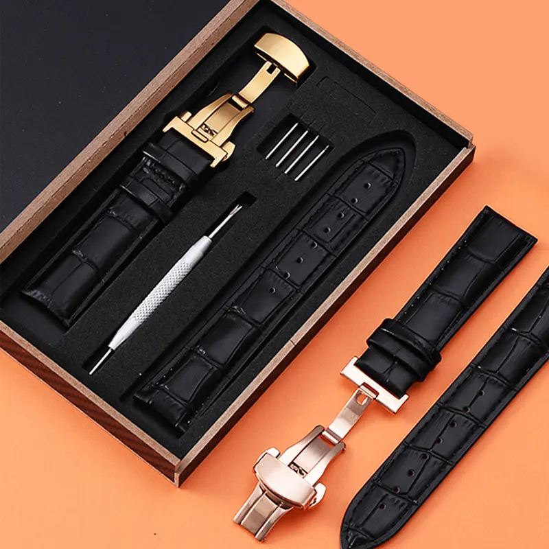 Genuine Leather Cowhide Top Layer Strap Bamboo Weave Crocodile Pattern Calfskin Strap Gift Box Set Unisex Butterfly Buckle Wristband