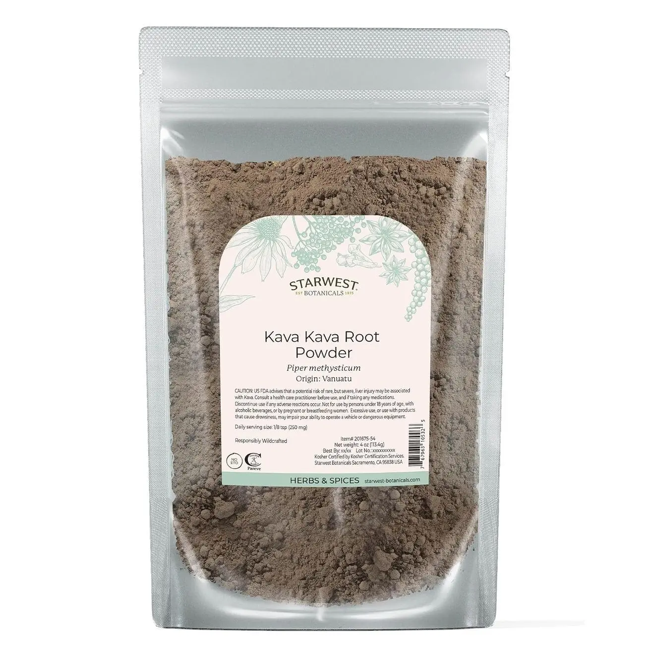Starwest Botanicals Kava Kava Root Powder - Dried Herb for Tea & Beverages, Promotes Calm, Natural Piper Methysticum, Wildcrafted, Finely Ground, Certified Kosher - 4 oz Pouch