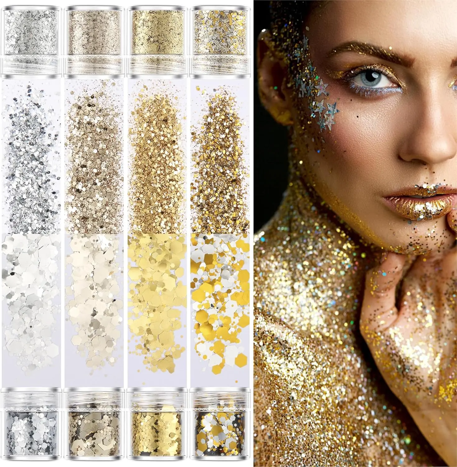 Iridescent Metallic Glitter Set - 8 Jars of Gold & Silver Chunky & Fine Flakes, Cosmetic Grade Shine Enhancing Shimmer, Safe for Skin Nails & Hair, Ideal for Party Looks & Crafts