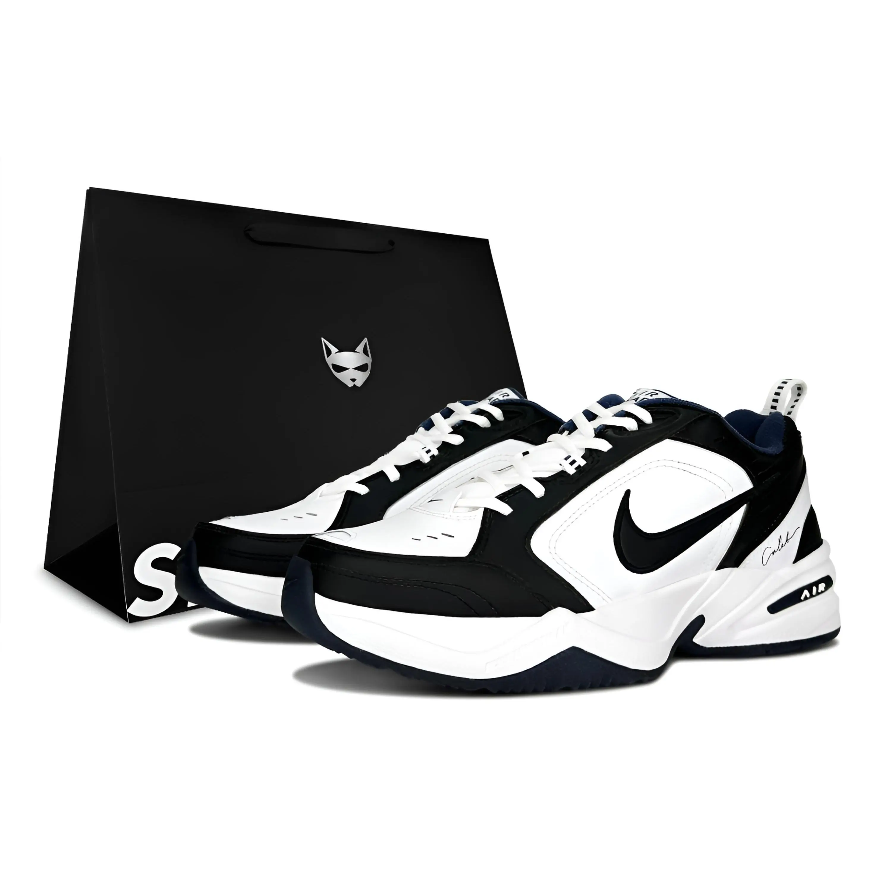 Nike Air Monarch 4 White Navy Closed Footwear - Unisex Retro Dad Rubber Walking Shoes with Sparkle Accents, Verifiable Credentials & Global Authentication Support, Casual Athletic