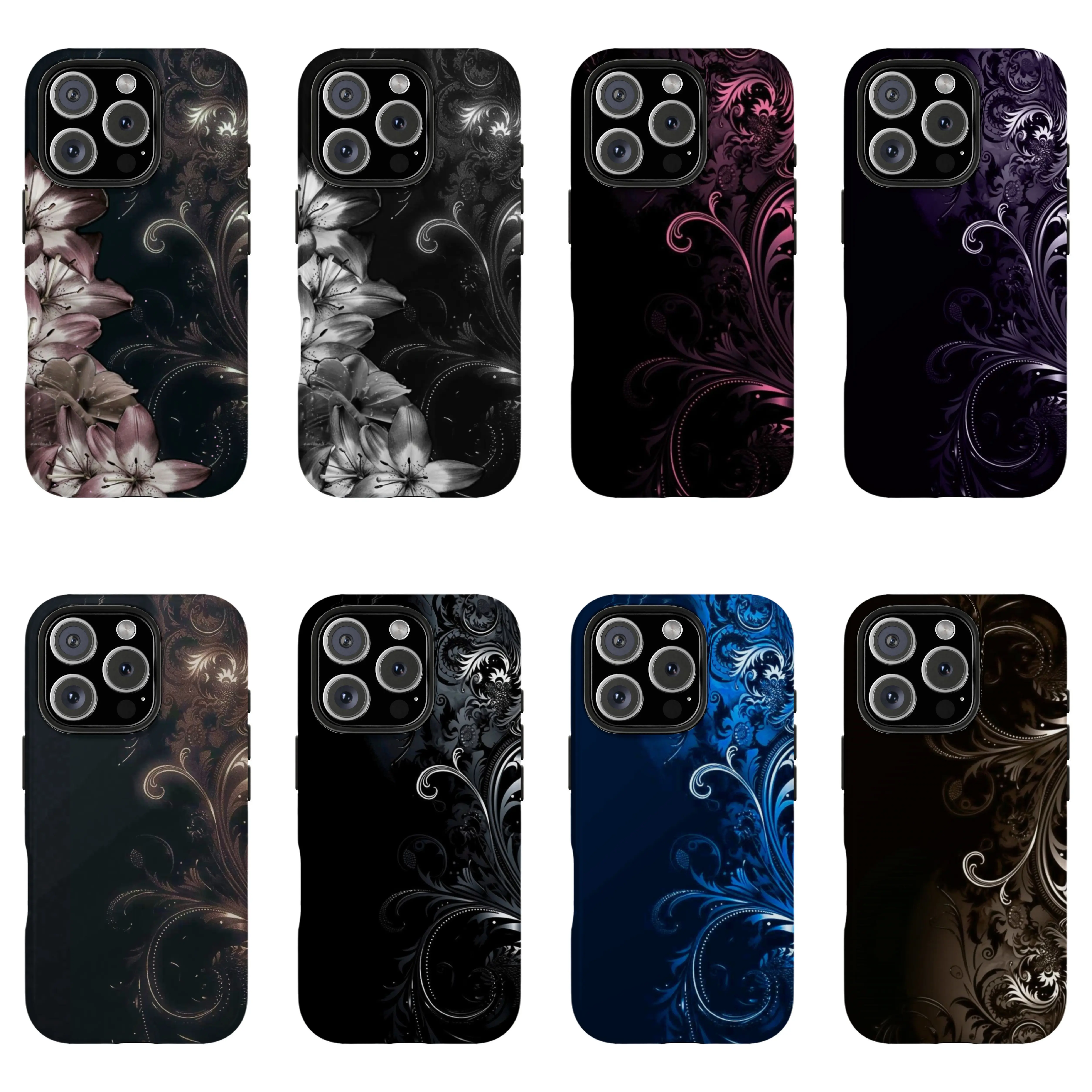 Gothic Baroque Swirl Phone Case Set, Dark Purple/Pink/Black Ornate Floral Art Cover For iPhone 11 12 13 14 15 16 17 Pro Max For Samsung S26 S25 S24 S23 S22-Gift For Her/Him