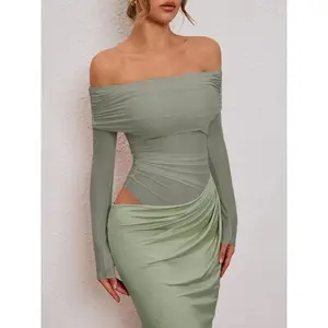 Off Shoulder Sheer Mesh Long Dress, Ruched Plain Long Sleeve Elegant Party Banquet Dress for Women 2025