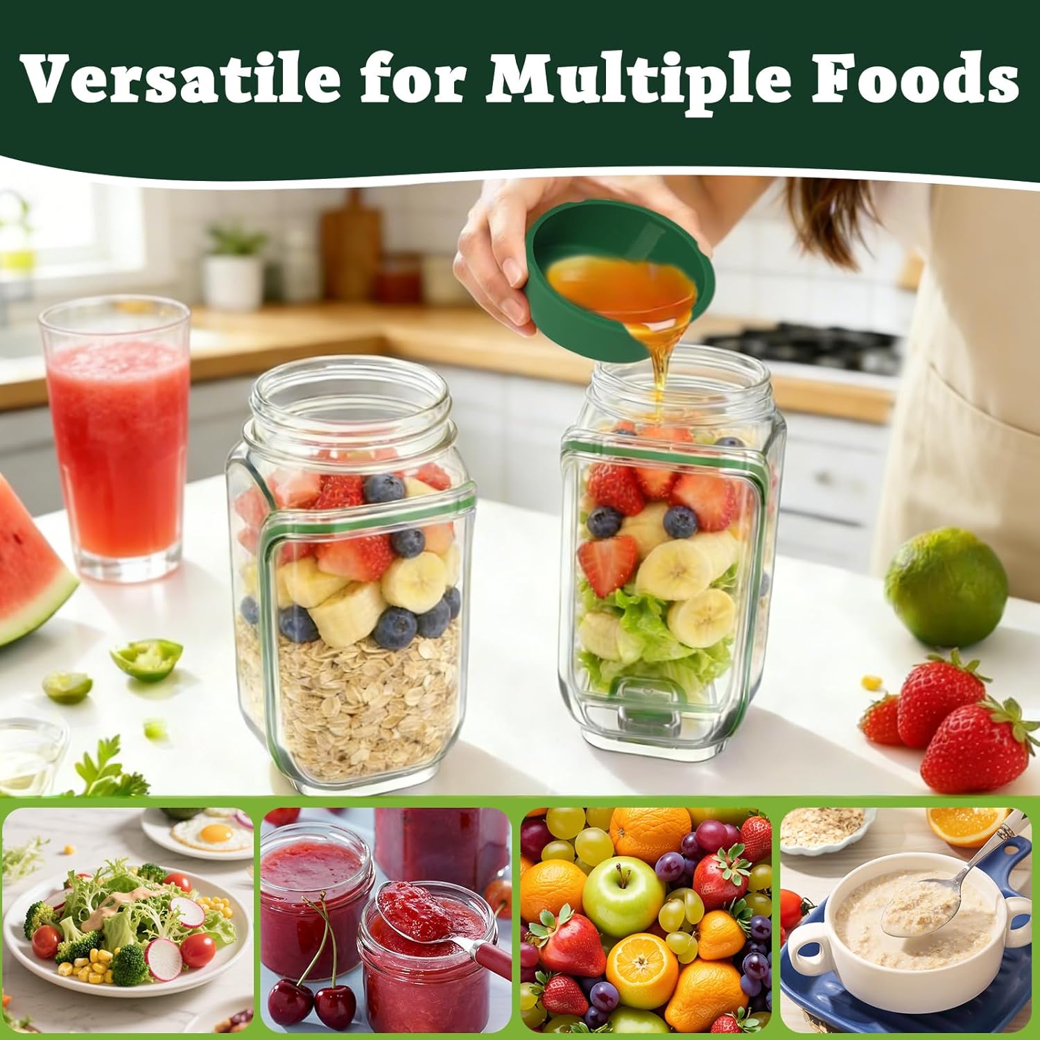 Oillase 1-Pack Side-Opening Salad Jar Utensil Set - Anti-Leak Portable Kitchen Plastic Preserving Container with Divider Sauce Cups & Lids, Dual-Use Design Doubles as Bowl for Office, Travel, Utensils, Salad Jars