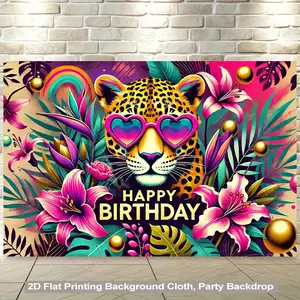 2D Flat, 1pc Happy Birthday Party Backdrop - Tropical Leopard with Pink Glasses, Happy Birthday Text - Vibrant Jungle Theme Decoration in Pink, Green, Golden, Black, White, - No Electricity Needed, Easy Hang Wallpaper-like Poster for Birthday Party