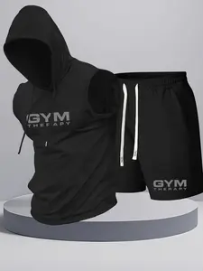 Men's Summer Workout Set, Letter Print Hooded Sleeveless Vest + Drawstring Waist Shorts, Sporty Casual Outdoor Wear, Breathable Fabric