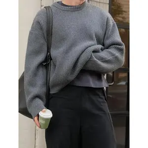 Men's Solid Color Crew Neck Drop Shoulder Jacquard Knitted Sweater, Loose Casual Comfy Long Sleeve Round Neck Jumper for Daily Outdoor Wear, Fashion Men's Knitwear for Fall & Winter