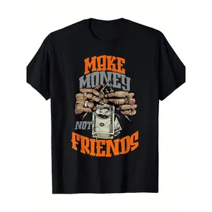 Men's "Money Makes No Friends" Print T-Shirt - Olive Green, Menswear Streetwear Military Style, Round Neck Short-Sleeve Top, 95% Polyester 5% Spandex, Regular Fit Summer Casual