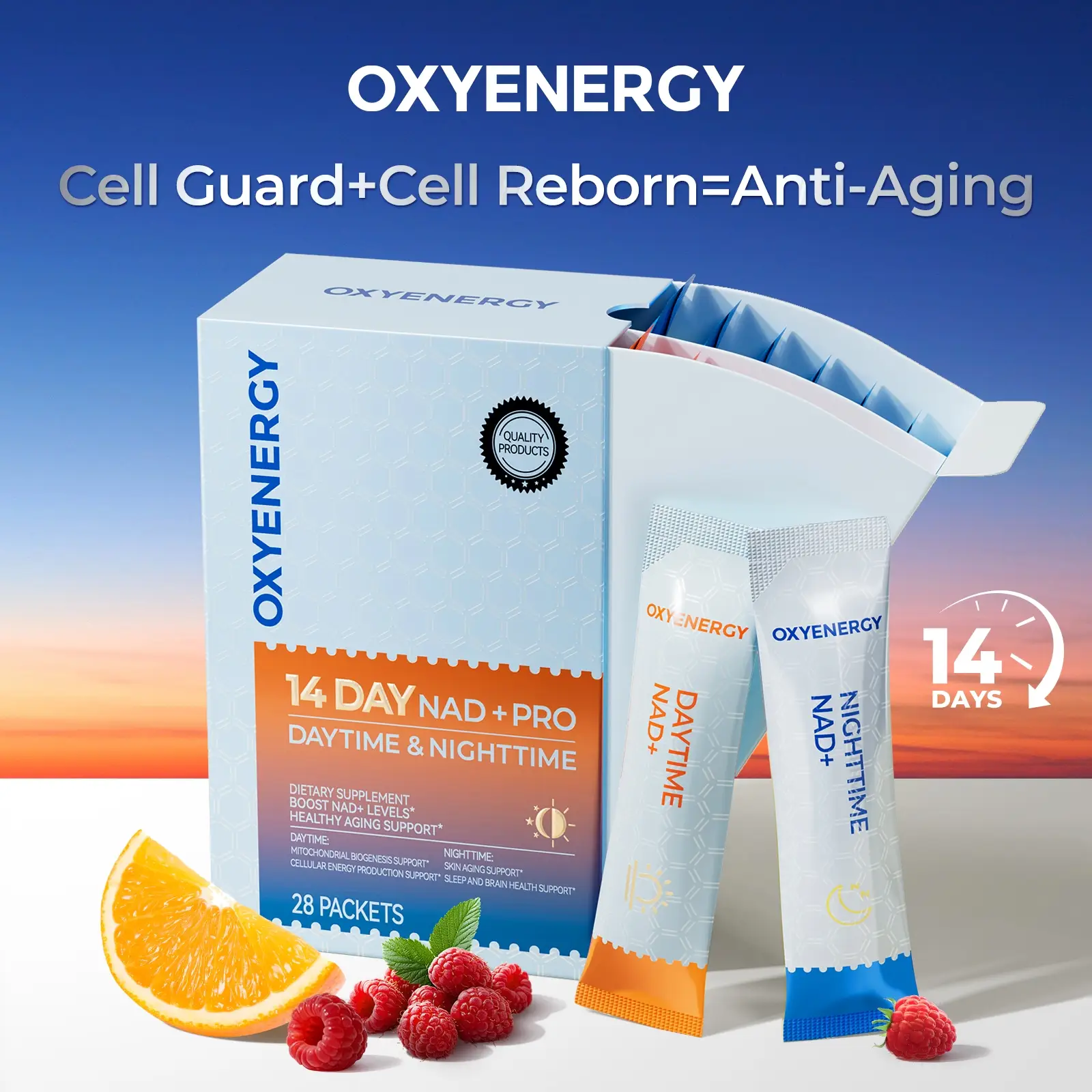 OXYENERGY 14-Day NAD+ PRO 24/7 Anti-Aging – Day & Night Cellular Activation Powder | NR + PQQ | L-Ergothioneine+Spermidine | Beet Root | Boost Energ