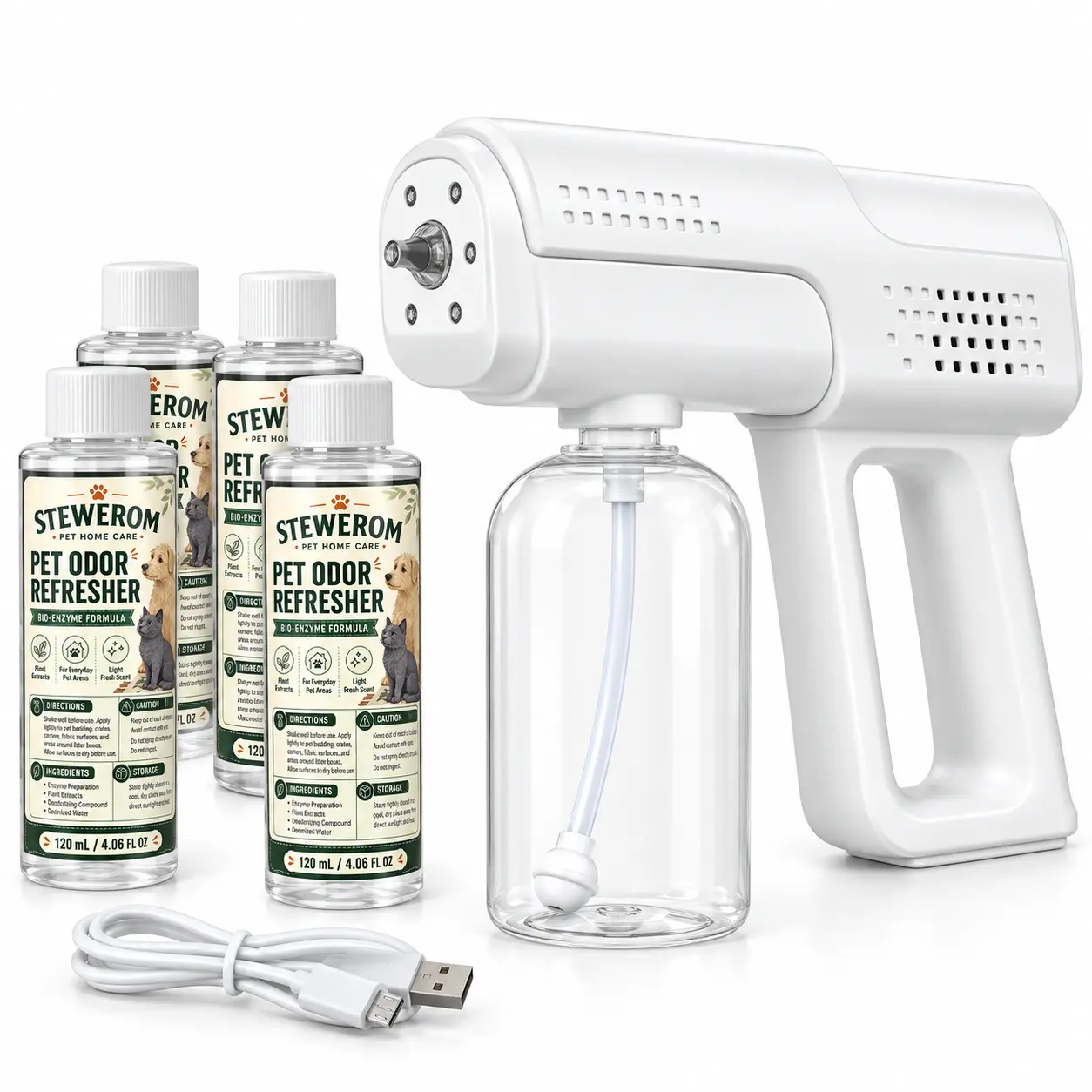 STEWEROM Pet Odor Eliminator Kit Set with Nano Blue Light Technology, Bio-Enzyme Odor Destroyer, 4 x 120 mL Litter Box Refill Bottles