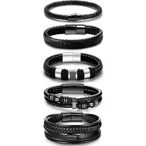 5pcs Black Leather Bracelets for Men Women Mens Bracelet Leather and Steel Braided Cuff Bracelets Punk Leather Bracelets Set